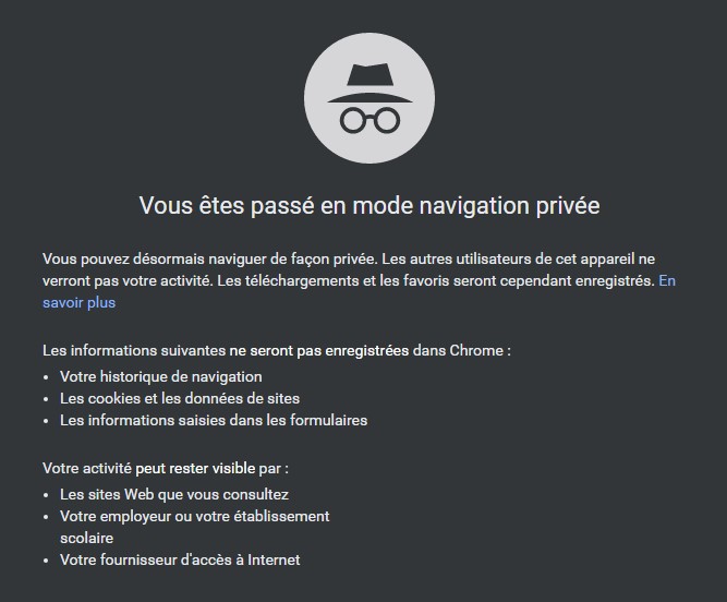 Écran de navigation privée sur Chrome