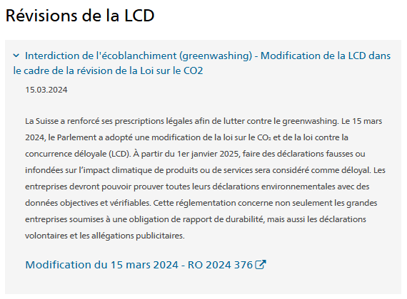Depuis janvier 2025 le greenwashing est interdit en Suisse par un avenant à la Loi fédérale contre la concurrence déloyale (LCD). Il est donc maintenant obligatoire d’apporter la preuve de ses déclarations de durabilité.